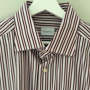 Ermenegildo Zegna Men 43/17 Regular Fit Pink Brown Stripe Button Up Shirt